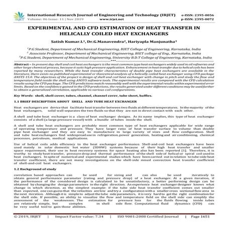 IRJET-  	  Experimental and CFD Estimation of Heat Transfer in Helically Coil...