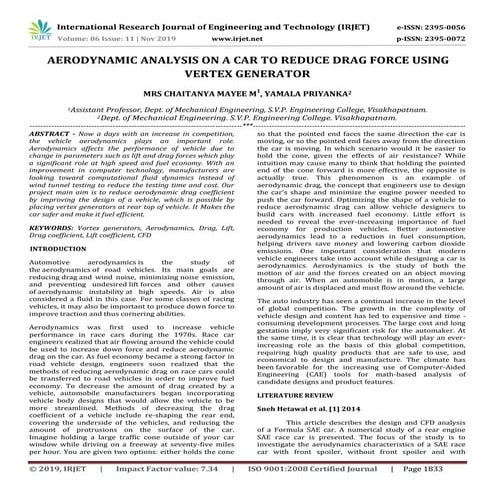 IRJET- Aerodynamic Analysis on a Car to Reduce Drag Force using Vertex Generator