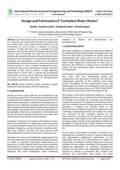 IRJET-  	  Design and Fabrication of “Cavitation Water Heater”