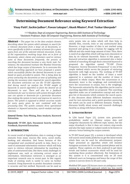 IRJET-  	  Determining Document Relevance using Keyword Extraction