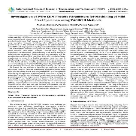 IRJET-  	  Investigation of Wire EDM Process Parameters for Machining of Mild...