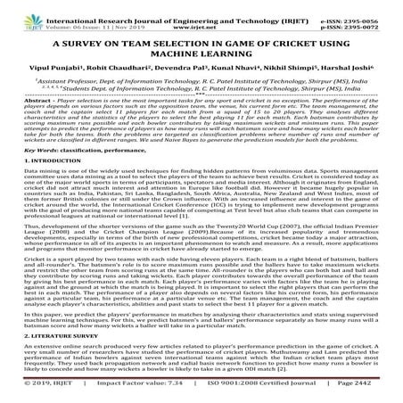 IRJET- A Survey on Team Selection in Game of Cricket using Machine Learning