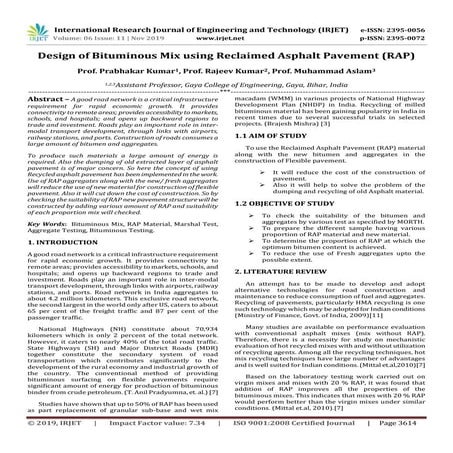 IRJET-  	  Design of Bituminous Mix using Reclaimed Asphalt Pavement (RAP)