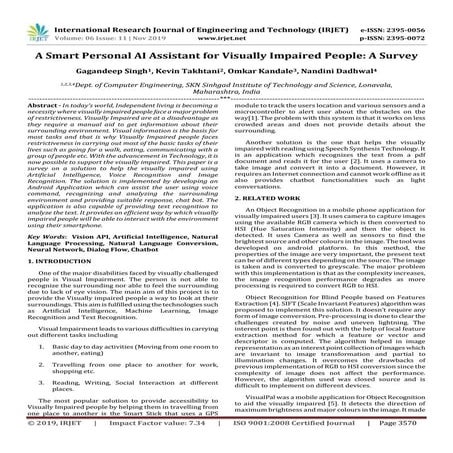 IRJET-  	  A Smart Personal AI Assistant for Visually Impaired People: A Survey