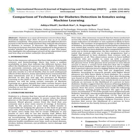 IRJET- Comparison of Techniques for Diabetes Detection in Females using Machi...
