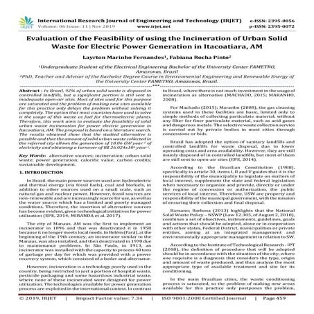 IRJET-  	  Evaluation of The Feasibility of using the Incineration of Urban S...