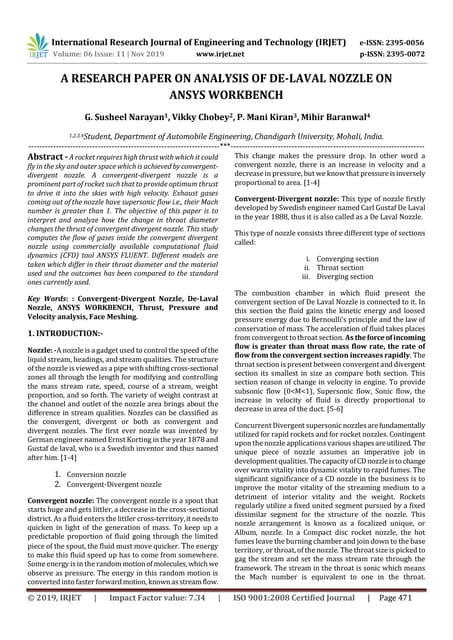 IRJET-  	  A Research Paper on Analysis of De-Laval Nozzle on Ansys Workbench