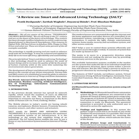 IRJET- A Review on: Smart and Advanced Living Technology (SALT)