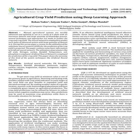 IRJET-  	  Agricultural Crop Yield Prediction using Deep Learning Approach