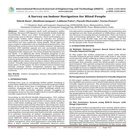 IRJET- A Survey on Indoor Navigation for Blind People