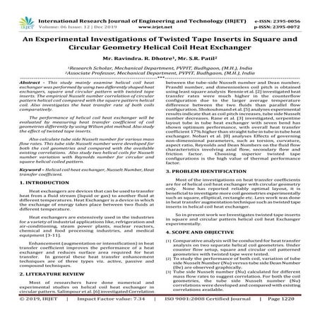IRJET- An Experimental Investigations of Twisted Tape Inserts in Square and C...