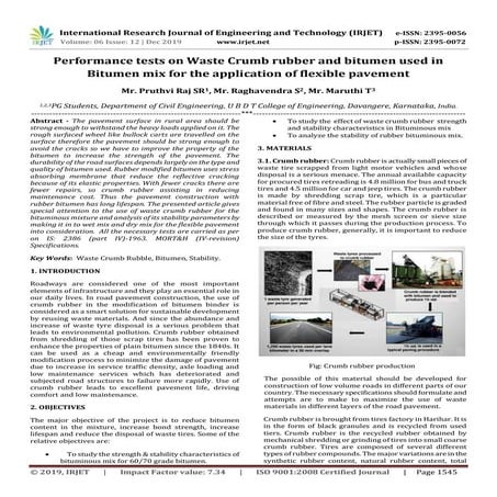 IRJET-  	  Performance Tests on Waste Crumb Rubber and Bitumen Used in Bitume...