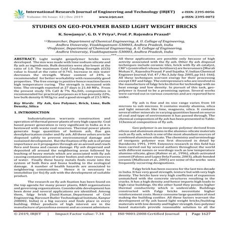 Experimental Investigation on Geo-polymer Bricks | PDF
