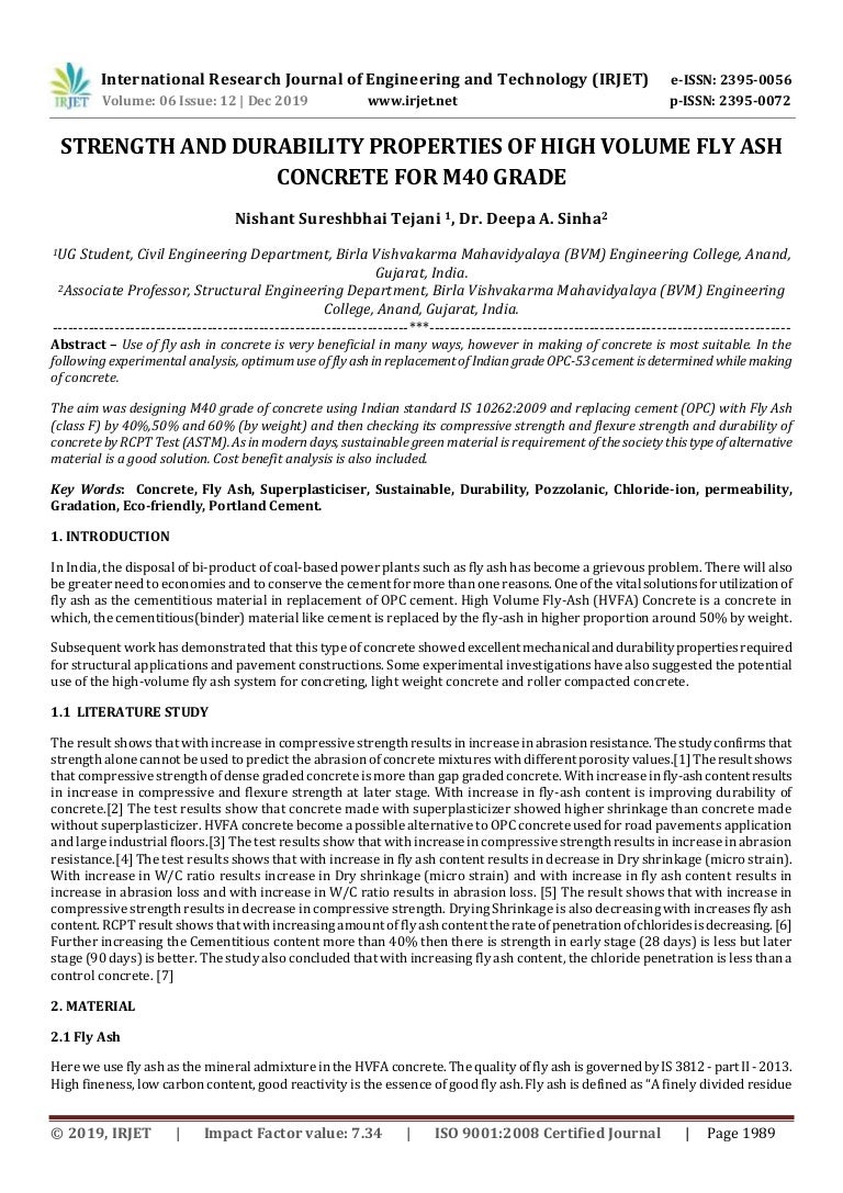 Irjet Strength And Durability Properties Of High Volume Fly Ash Conc