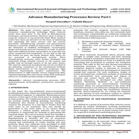 IRJET-  	  Advance Manufacturing Processes Review Part I
