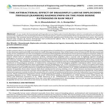 IRJET-  	  The Antibacterial Effect of Dragonfly Larvae Diplocodes Trivialis ...