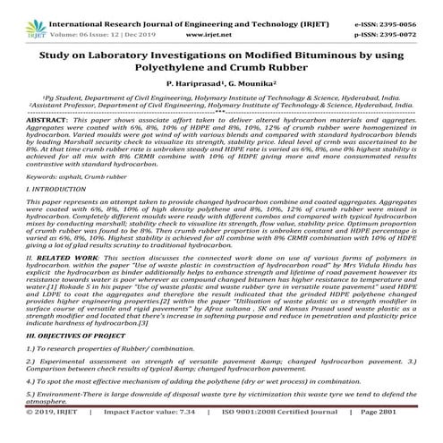 IRJET- -  	  Study on Laboratory Investigations on Modified Bituminous by usi...