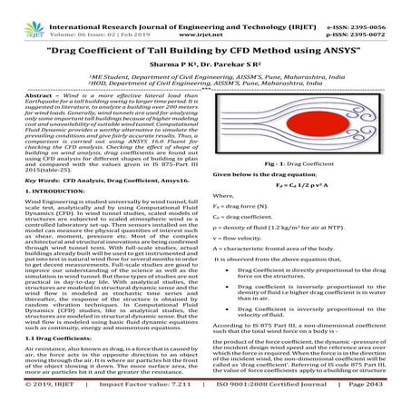 IRJET- Drag Coefficient of Tall Building by CFD Method using Ansys