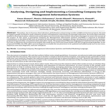 IRJET- Analyzing, Designing and Implementing a Consulting Company for Managem...