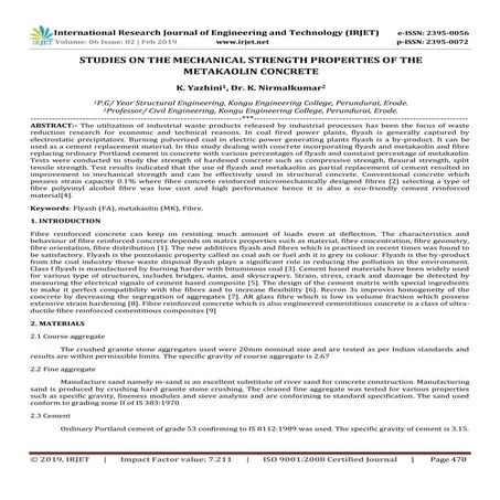IRJET- Studies on the Mechanical Strength Properties of the Metakaolin Concrete