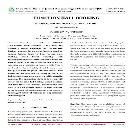 IRJET-  	  Function Hall Booking