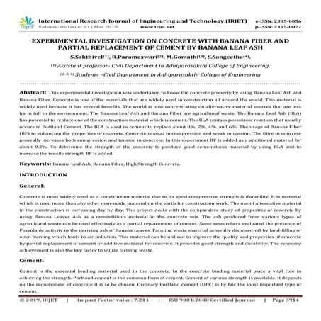 IRJET-  	  Experimental Investigation on Concrete with Banana Fiber and Parti...