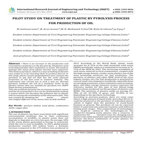 IRJET-  	  Pilot Study on Treatment of Plastic by Pyrolysis Process for Produ...