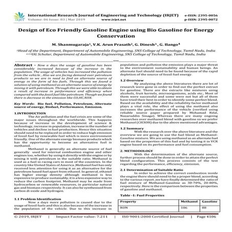 IRJET- Design of Eco Friendly Gasoline Engine using Bio Gasoline for Energy C...