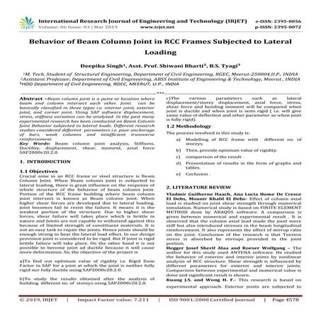 IRJET- Behavior of Beam Column Joint in RCC Frames Subjected to Lateral Loading