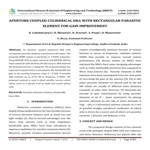 IRJET-  	  Aperture Coupled Cylindrical Dra with Rectangular Parasitic Elemen...