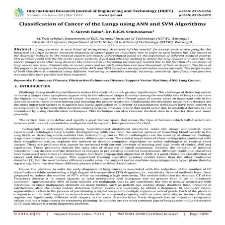 IRJET- Classification of Cancer of the Lungs using ANN and SVM Algorithms