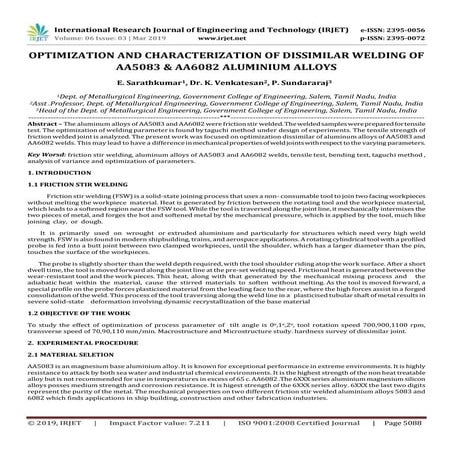 IRJET- Optimization and Characterization of Dissimilar Welding of AA5083 & AA...