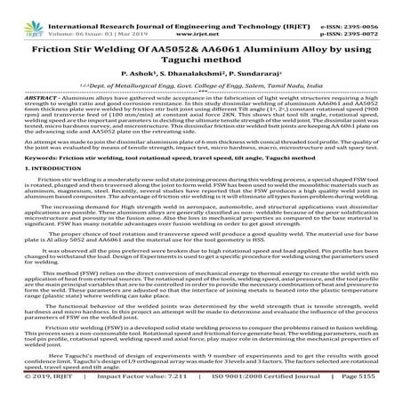 IRJET-  	  Friction Stir Welding of AA5052& AA6061 Aluminium Alloy by using T...