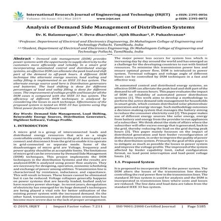 IRJET-  	  Analysis of Demand Side Management of Distribution Systems
