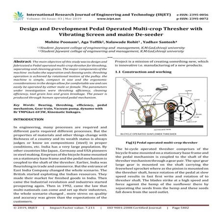 IRJET- Design and Development Pedal Operated Multi-Crop Thresher with Vibrati...