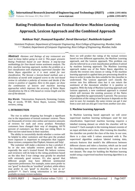 IRJET- Rating Prediction based on Textual Review: Machine Learning Approach, ...