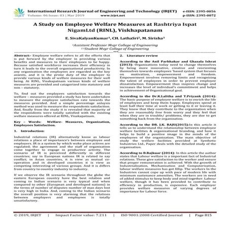 IRJET- A Study on Employee Welfare Measures at Rashtriya Ispat Nigamltd;(RINL...