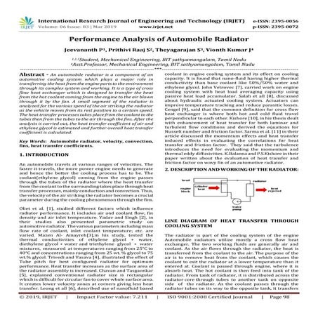 IRJET-  	  Performance Analysis of Automobile Radiator