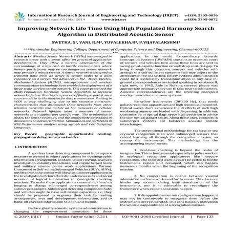 IRJET-  	  Improving Network Life Time using High Populated Harmony Search Al...