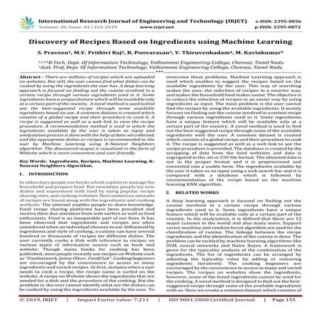 IRJET- Discovery of Recipes based on Ingredients using Machine Learning