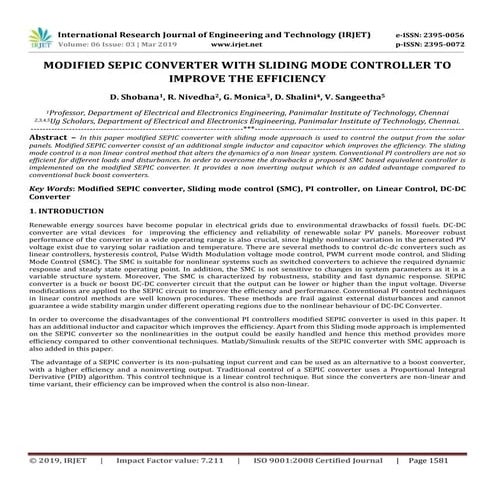 IRJET-  	  Modified Sepic Converter with Sliding Mode Controller to Improve t...