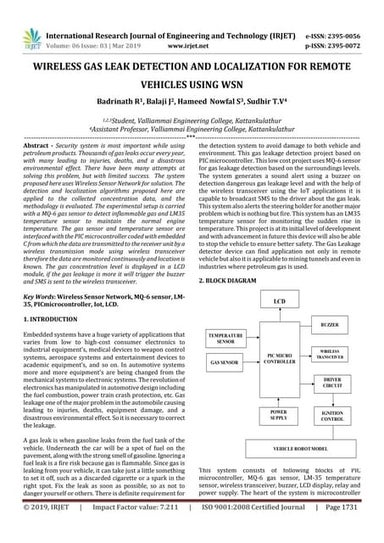 IRJET- Wireless Gas Leak Detection and Localization for Remote Vehicles using...