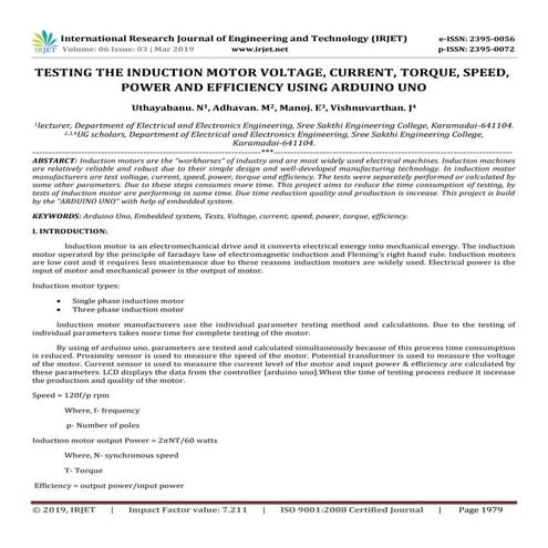 IRJET- Testing the Induction Motor Voltage, Current, Torque, Speed, Power and...