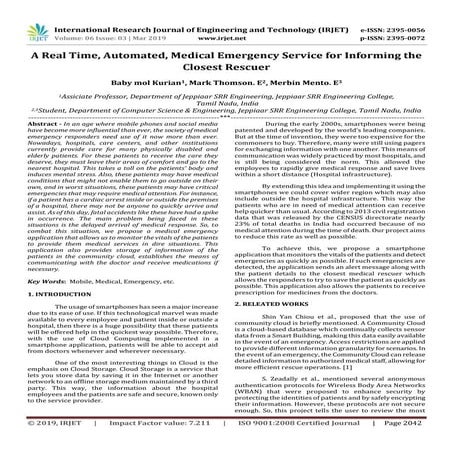 IRJET-  	  A Real Time, Automated, Medical Emergency Service for Informing th...