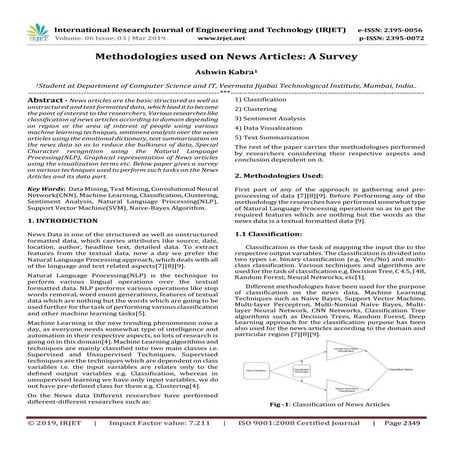 IRJET- Methodologies used on News Articles :A Survey
