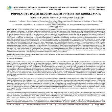 IRJET-  	  Popularity based Recommender Sytsem for Google Maps