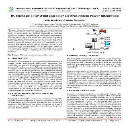 IRJET- DC Micro Grid for Wind and Solar Electric System Power Integration