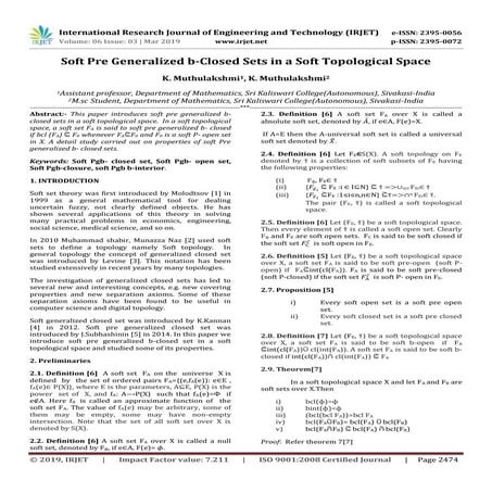 IRJET- Soft Pre Generalized B- Closed Sets in a Soft Topological Space