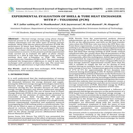 IRJET- Experimental Evaluation of Shell & Tube Heat Exchanger with P – Toluid...