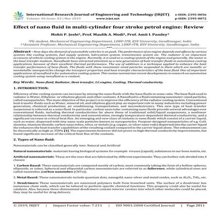 IRJET-  	  Effect of Nano Fluid in Multi-Cylinder Four Stroke Petrol Engine: ...